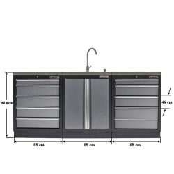 Werkbank set met MDF werkblad met RVS plaat omkleed - 10 laden - 204 x 46 x 94,6 cm. Werkbank met laden - ladenblok