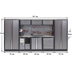 Werkbankset - met RVS plaat omkleed werkblad, werkplaatsinrichting, gereedschapsbord, hangkasten en 9 laden - 387 x 46 x 200 cm