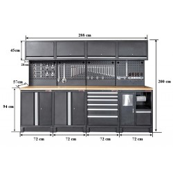 Complete werkplaatsinrichting mat zwart, werkbank + hardhouten blad, gereedschapskast, 6 laden, 288 x 200 cm Complete werkplaatsinrichting mat zwart, werkbank + hardhouten blad, gereedschapskast, 6 laden, 288 x 200 cm