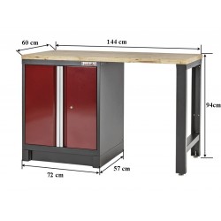 Heavy Duty werkbank met hardhouten werkblad en werkplaatskast donkerrood - 144 x 60 x 94 cm