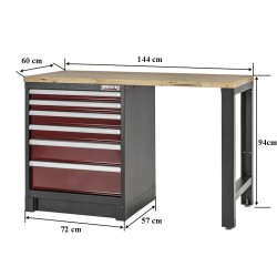 Heavy Duty werkbank met hardhouten werkblad en ladenblok rood - 144 x 60 x 94 cm