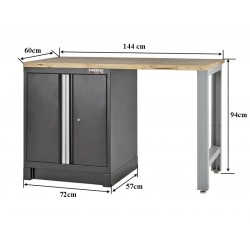 Heavy Duty werkbank met hardhouten werkblad, grijs pootstel en werkplaatskast zwart - 144 x 60 x 94 cm