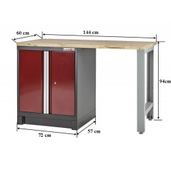 Heavy Duty werkbank met hardhouten werkblad, grijs pootstel en werkplaatskast donkerrood - 144 x 60 x 94 cm
