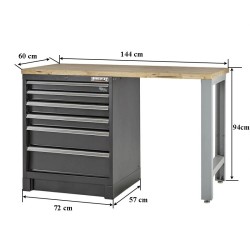 Heavy Duty werkbank met hardhouten werkblad, grijs pootstel en laden blok zwart - 144 x 60 x 94 cm