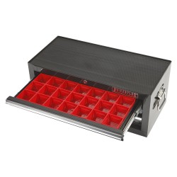 Gereedschapskist zwart 3 laden gevuld met kunststof bakken Gereedschapskist zwart 3 laden gevuld met kunststof bakken