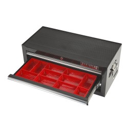 Gereedschapskist zwart 3 laden gevuld met kunststof bakken Gereedschapskist zwart 3 laden gevuld met kunststof bakken
