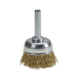 Set van 5 borstels: 2 staalborstels: 50 en 75 mm + 3 komborstels:  25, 50 en 75 mm. Op 6 mm stift met gegolfde staaldraad