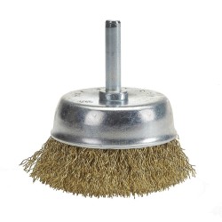 Set van 5 borstels: 2 staalborstels: 50 en 75 mm + 3 komborstels:  25, 50 en 75 mm. Op 6 mm stift met gegolfde staaldraad