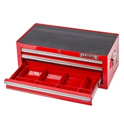 Gereedschapskist rood 3 laden gevuld met kunststof bakken 