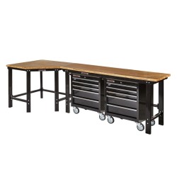 Werkbank hoekopstelling - Hoek werkbank 310 cm lang zwart met hardhouten blad en 2 gereedschapswagens