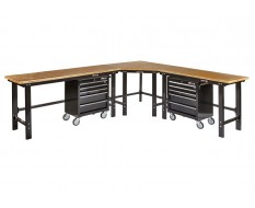 Werkbank hoekopstelling - Hoek werkbank 310 cm x 260 cm zwart met hardhouten blad en 2 gereedschapswagens