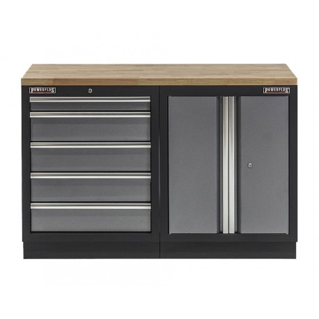 Werkbank set met hardhouten werkblad, werkplaatskast en 5 laden blok - 136 x 46 x 94,6 cm.