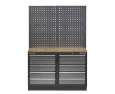 Werkbank set met hardhouten werkblad, gereedschapsbord en 10 laden - 136 x 46 x 94,5 / 199,5 cm.