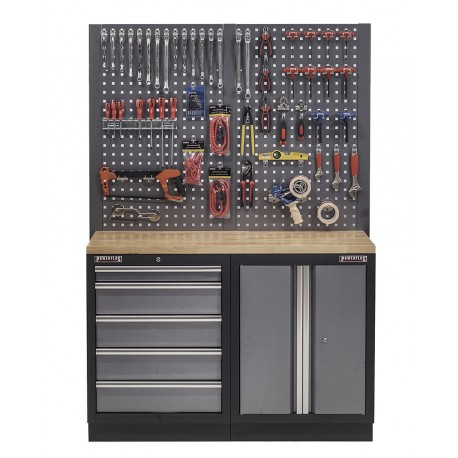 Werkbank set met hardhouten werkblad, gereedschapskast, gereedschapsbord - 5 laden - 136 x 46 x 94,5 / 199,5 cm