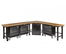 Werkplaatsinrichting - Hoek werkbank 310 cm x 260 cm zwart - hardhouten blad, werkplaatskast - 3 x gereedschapswagen