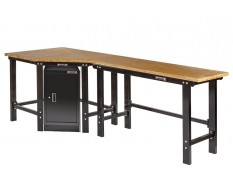 Werkbank hoekopstelling met werkplaatskast - Hoek werkbank 260 cm lang zwart met hardhouten blad