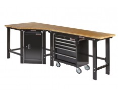 Werkbank hoekopstelling met werkplaatskast - Hoek werkbank 260 cm lang zwart met hardhouten blad en gereedschapswagen