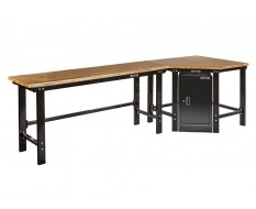 Werkbank hoekopstelling met werkplaatskast - Hoek werkbank 310 cm. lang zwart met hardhouten blad