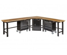 Werkbank hoekopstelling met werkplaatskast - Hoek werkbank 310 cm x 260 cm zwart met hardhouten blad en 2 gereedschapswagens