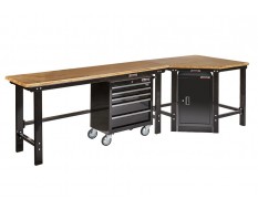 Werkbank hoekopstelling met werkplaatskast - Hoek werkbank 310 cm lang zwart met hardhouten blad en gereedschapswagen