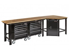 Werkbank hoekopstelling - Werkplaatsinrichting - Hoek werkbank 310 cm lang zwart met hardhouten blad en 2 gereedschapswagens