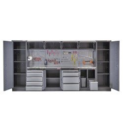 Complete Werkplaatsinrichting, werkbank met metaal omkleed blad, gereedschapskast, gereedschapsbord, 10 laden, 392 x 200 cm.