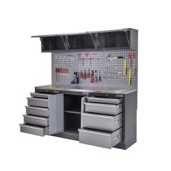 Werkbank set met metaal omkleed blad, werkplaatskast, gereedschapsbord, 3 x hangkast en 9 laden - 204 x 46 x 94,6 cm