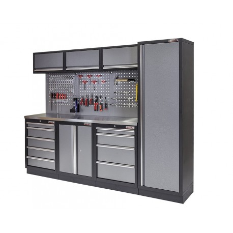 Werkbank set met metaal omkleed blad, werkplaatskast, gereedschapsbord, hoge kast, 3 x hangkast en 9 laden - 204 x 46 x 94,6 cm