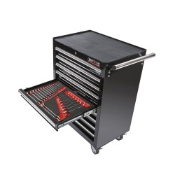 Gereedschapswagen zwart,  9 laden gevuld met gereedschap in foam inleg