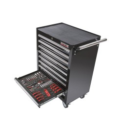 Gereedschapswagen zwart,  9 laden gevuld met gereedschap in foam inleg